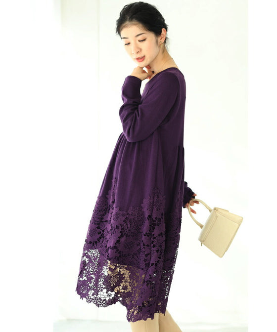 【セール商品返品交換不可】沸き上がる花編みレース裾のニットチュニックワンピース