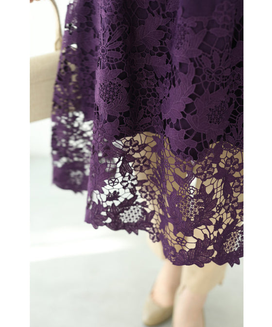 【セール商品返品交換不可】沸き上がる花編みレース裾のニットチュニックワンピース