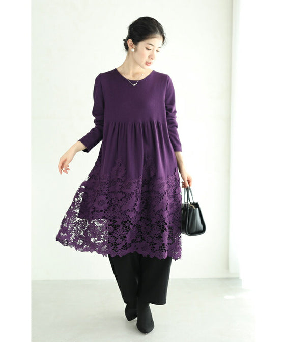 【セール商品返品交換不可】沸き上がる花編みレース裾のニットチュニックワンピース