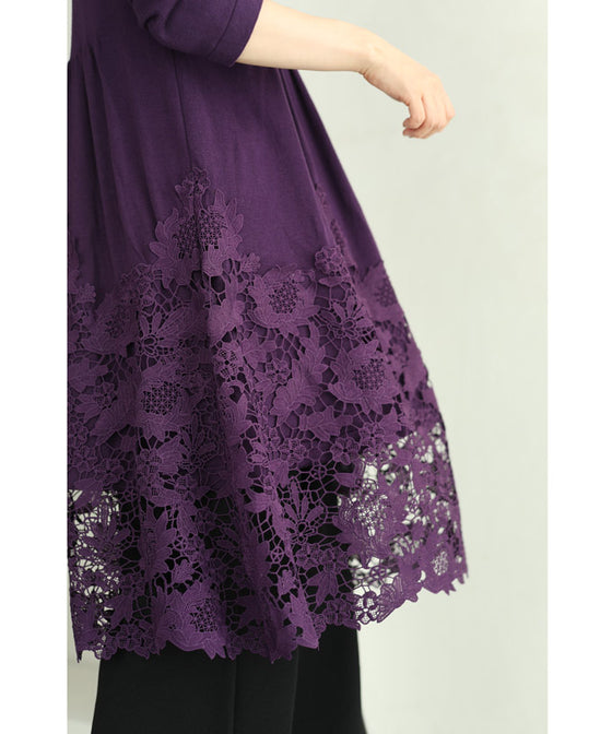 【セール商品返品交換不可】沸き上がる花編みレース裾のニットチュニックワンピース