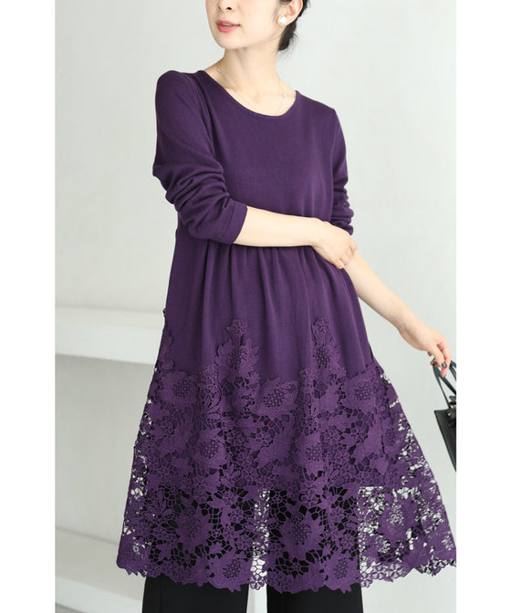 【セール商品返品交換不可】沸き上がる花編みレース裾のニットチュニックワンピース