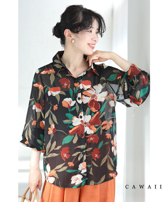 【セール商品返品交換不可】配色鮮やかな花のふんわり袖ブラウストップス