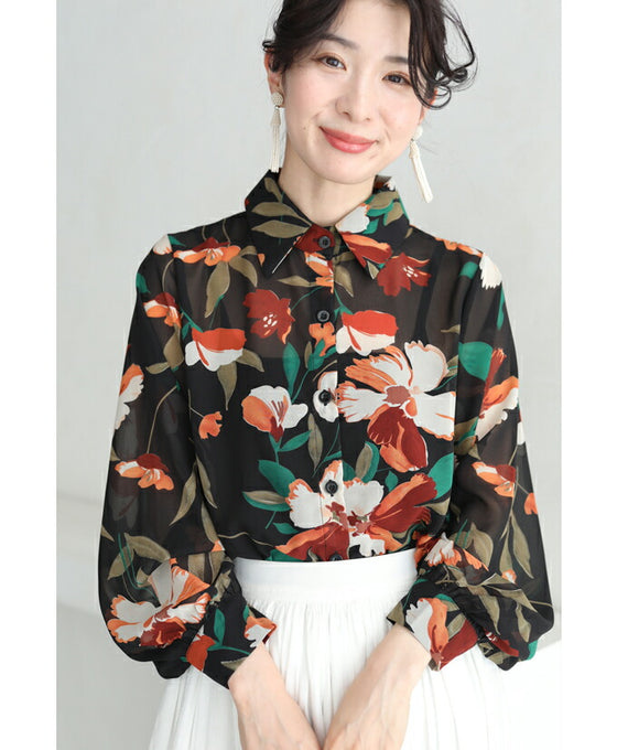 【セール商品返品交換不可】配色鮮やかな花のふんわり袖ブラウストップス