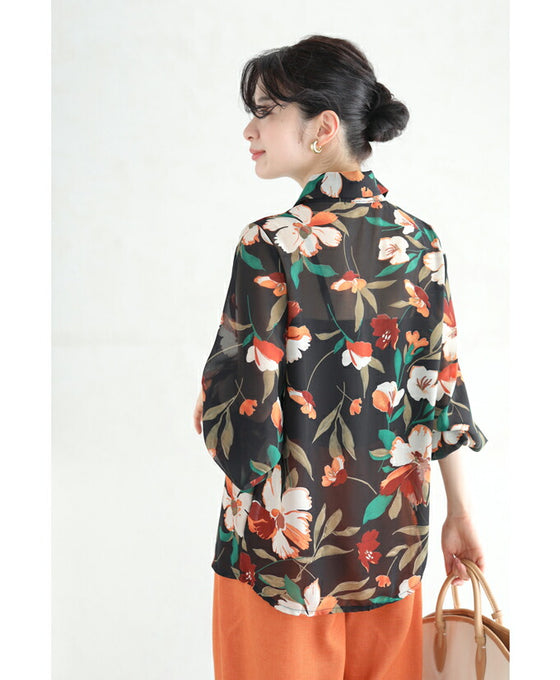 【セール商品返品交換不可】配色鮮やかな花のふんわり袖ブラウストップス