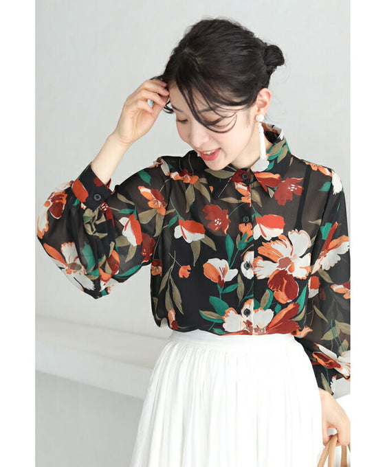 【セール商品返品交換不可】配色鮮やかな花のふんわり袖ブラウストップス