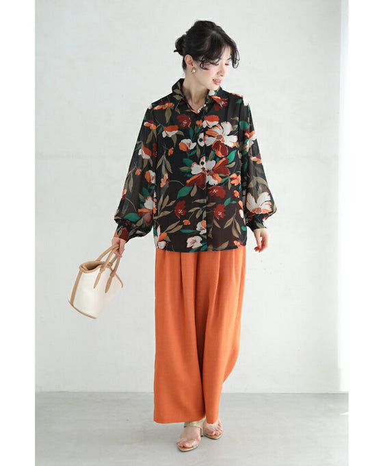 【セール商品返品交換不可】配色鮮やかな花のふんわり袖ブラウストップス
