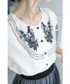 Glossy blouse top with graffiti floral embroidery on organza