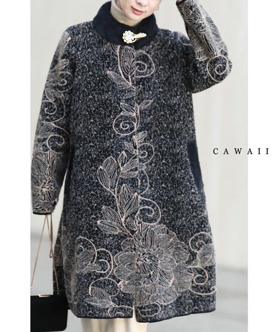 【セール商品返品交換不可】輝くネックビジューのエレガントな起毛ニットコートアウター