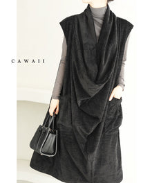  【セール商品返品交換不可】（M~3L対応）（黒）浮き立つ柄の2wayドレープネックミディアムワンピース