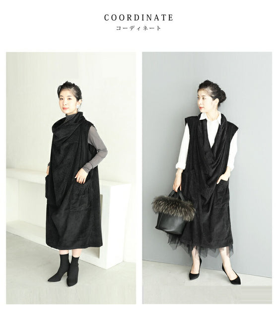 【セール商品返品交換不可】（M~3L対応）（黒）浮き立つ柄の2wayドレープネックミディアムワンピース