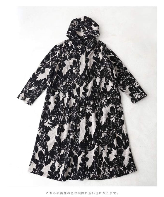 【セール商品返品交換不可】（M~3L対応）サッと羽織れる華やかさ。フード付きジャガード織りロングコート