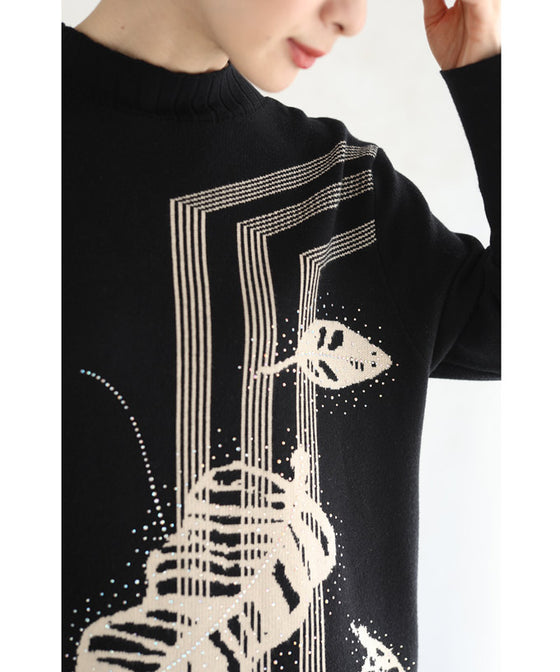 【セール商品返品交換不可】オーロラビジューを纏う葉っぱ柄ニットロングワンピース