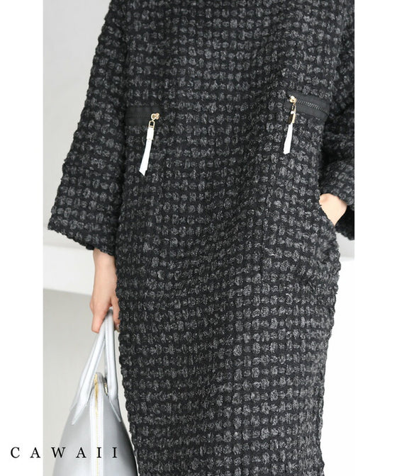 【セール商品返品交換不可】（S~3L対応）ぽこぽこ柄が浮き立つフェイクポケットミディアムワンピース