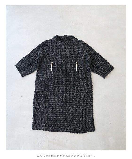 【セール商品返品交換不可】（S~3L対応）ぽこぽこ柄が浮き立つフェイクポケットミディアムワンピース