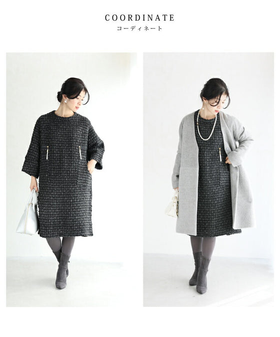 【セール商品返品交換不可】（S~3L対応）ぽこぽこ柄が浮き立つフェイクポケットミディアムワンピース