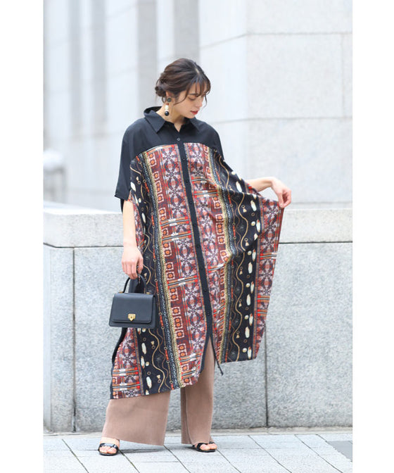 【セール商品返品交換不可】大人のエキゾチック柄ゆったりシャツロングワンピース