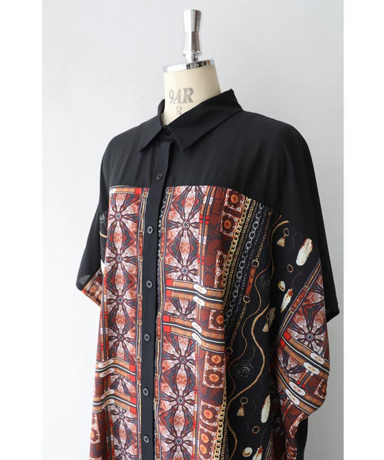 【セール商品返品交換不可】大人のエキゾチック柄ゆったりシャツロングワンピース