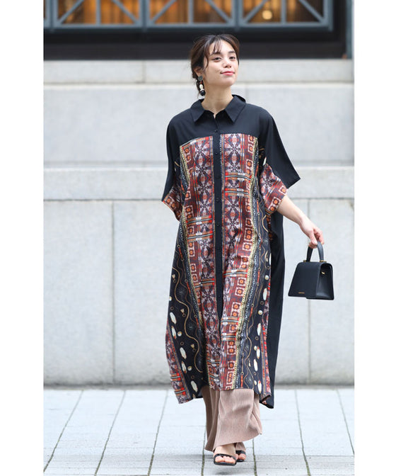 【セール商品返品交換不可】大人のエキゾチック柄ゆったりシャツロングワンピース