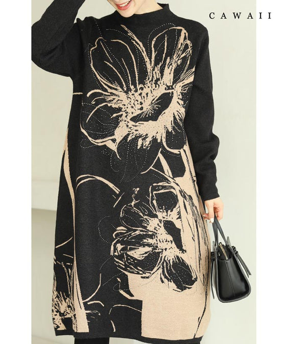 ストーン輝く大胆に描いた花画ニットミディアムワンピース