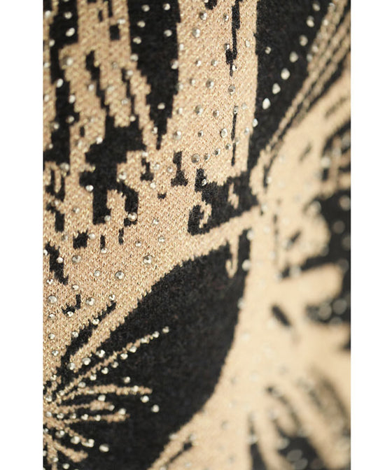 ストーン輝く大胆に描いた花画ニットミディアムワンピース