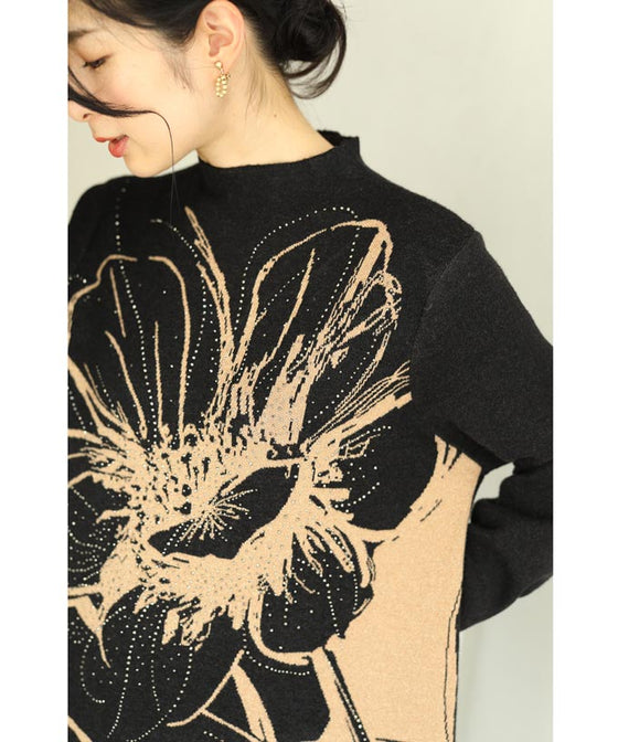 ストーン輝く大胆に描いた花画ニットミディアムワンピース