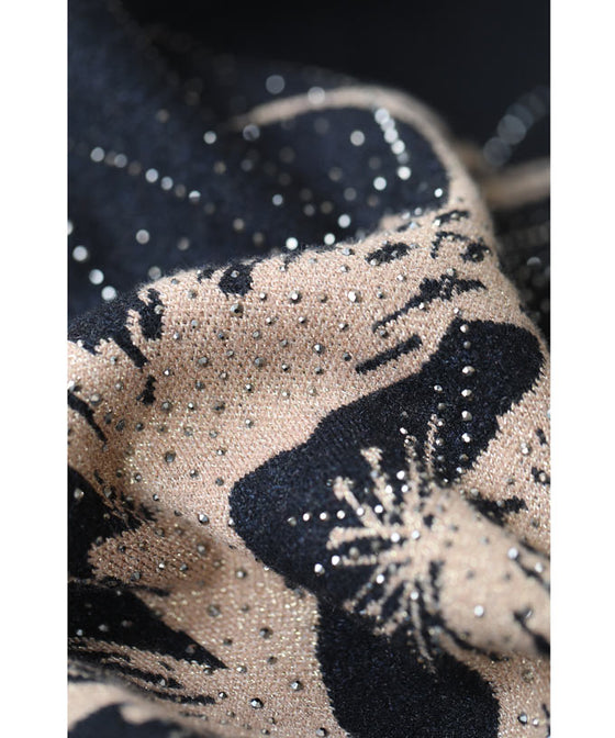 ストーン輝く大胆に描いた花画ニットミディアムワンピース