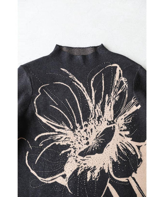 ストーン輝く大胆に描いた花画ニットミディアムワンピース