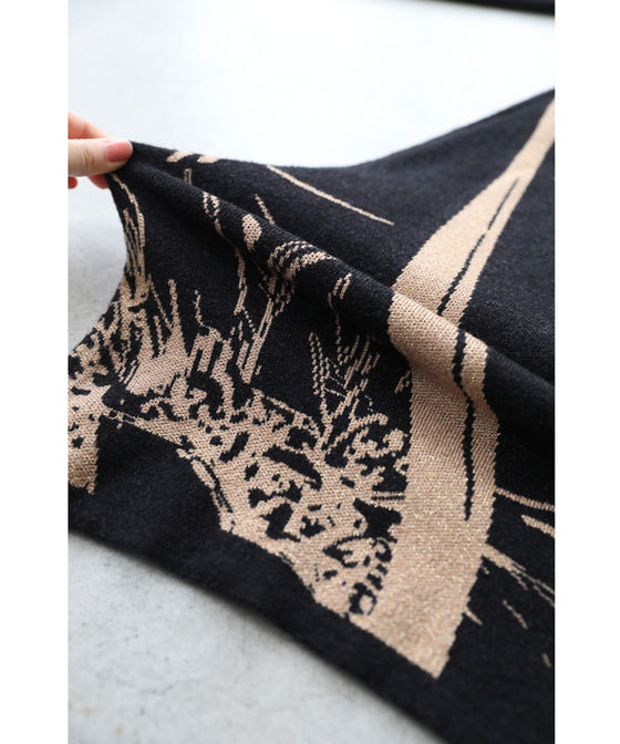 ストーン輝く大胆に描いた花画ニットミディアムワンピース