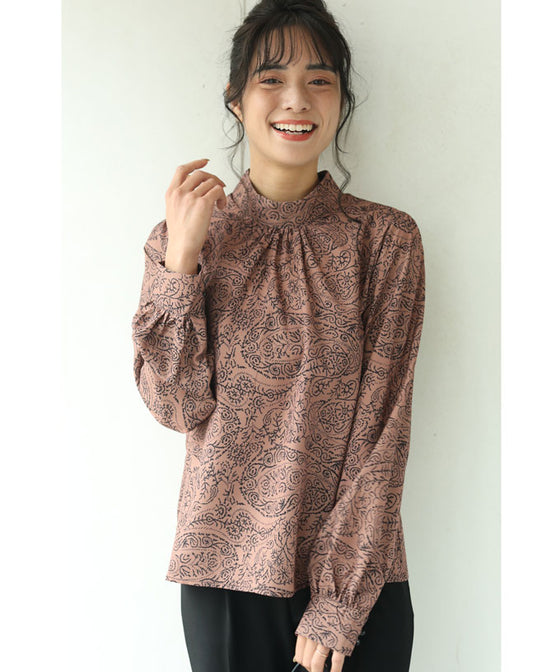 【セール商品返品交換不可】（S~L対応）植物を描いた抽象画のハイネックブラウストップス