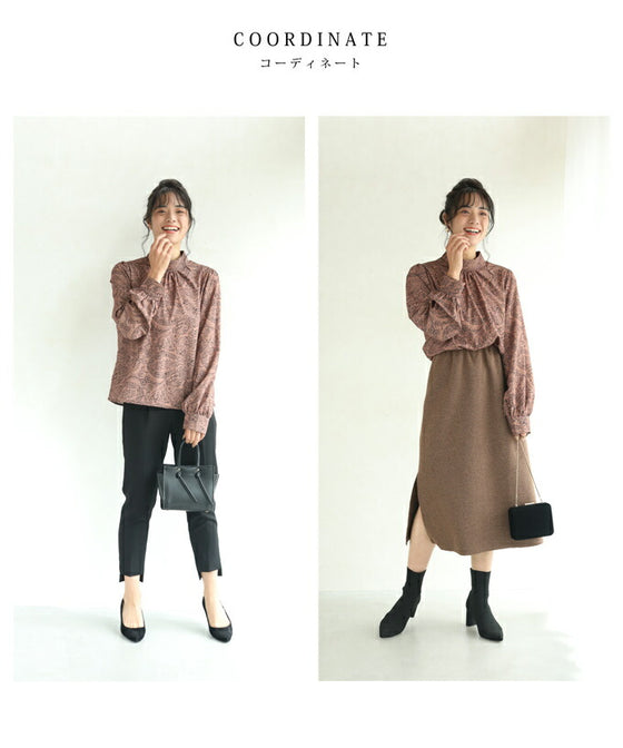 【セール商品返品交換不可】（S~L対応）植物を描いた抽象画のハイネックブラウストップス