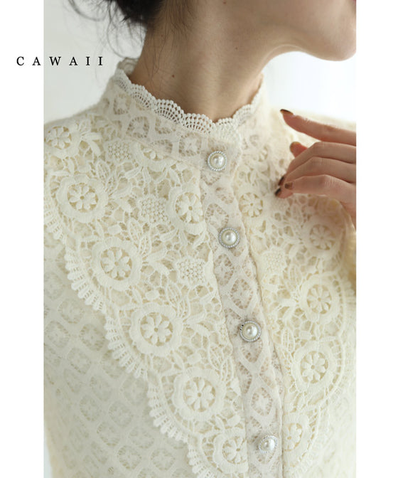 エレガントなパールボタンの裏起毛総レースプルオーバートップス
