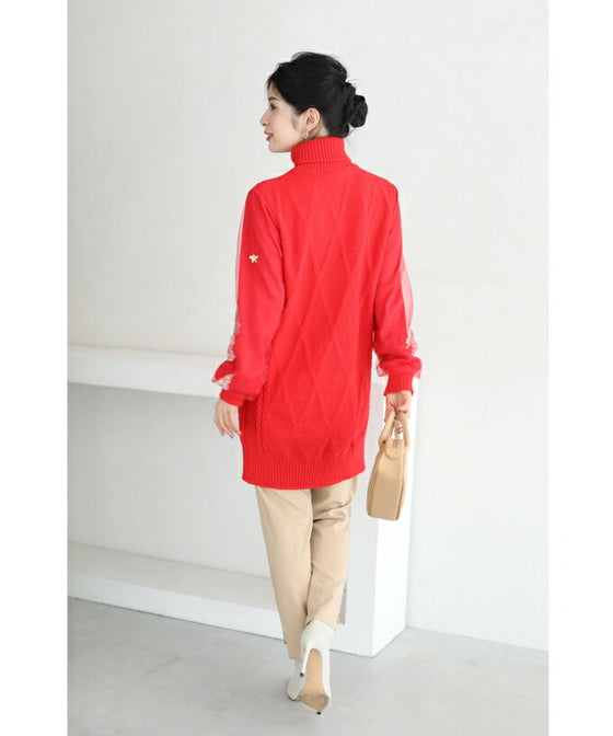 【セール商品返品交換不可】羽舞うチュールポワン袖のニットチュニックトップス