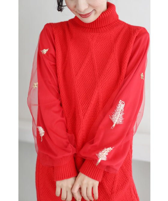 【セール商品返品交換不可】羽舞うチュールポワン袖のニットチュニックトップス