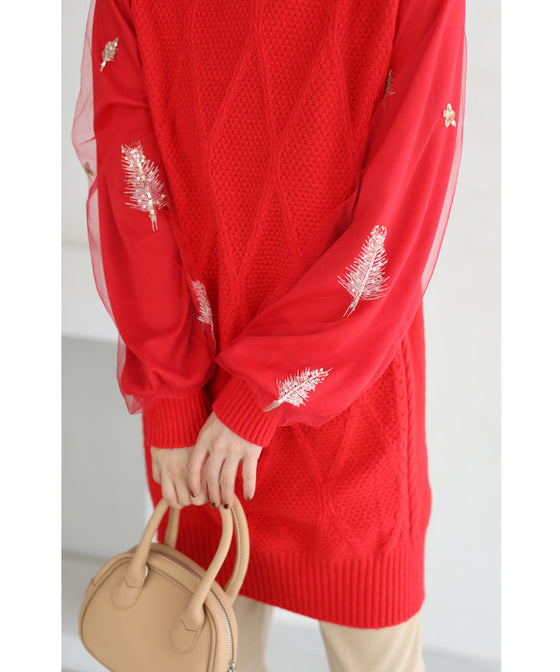 【セール商品返品交換不可】羽舞うチュールポワン袖のニットチュニックトップス