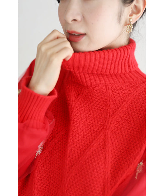 【セール商品返品交換不可】羽舞うチュールポワン袖のニットチュニックトップス