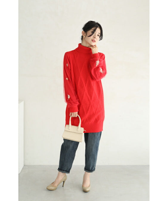 【セール商品返品交換不可】羽舞うチュールポワン袖のニットチュニックトップス