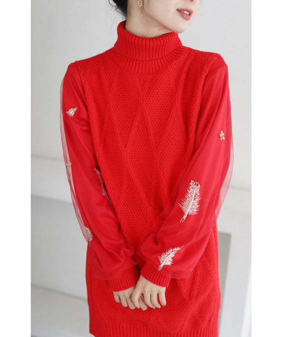 【セール商品返品交換不可】羽舞うチュールポワン袖のニットチュニックトップス