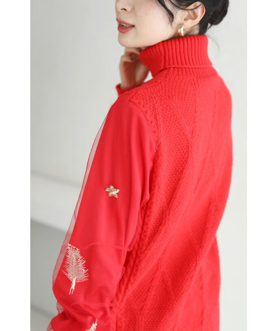 【セール商品返品交換不可】羽舞うチュールポワン袖のニットチュニックトップス