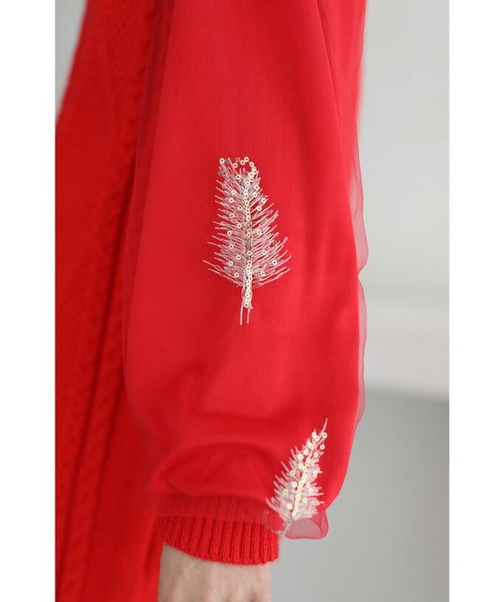 【セール商品返品交換不可】羽舞うチュールポワン袖のニットチュニックトップス