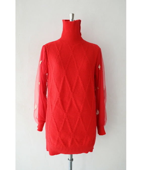 【セール商品返品交換不可】羽舞うチュールポワン袖のニットチュニックトップス