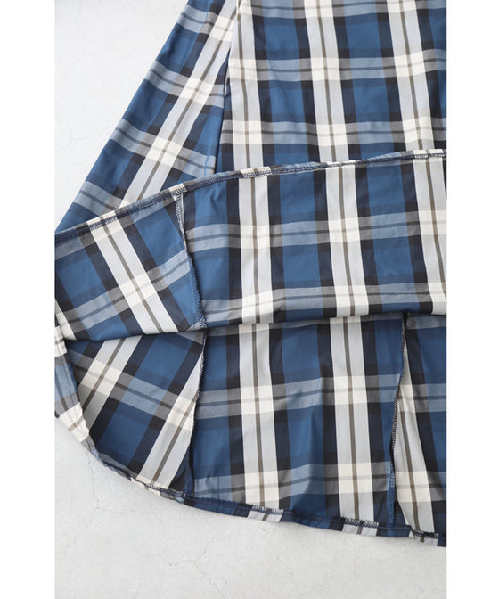 上品なネイビーチェックのAラインロングワンピース