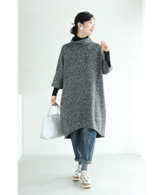 【セール商品返品交換不可】（S~3L対応）ぽわんとしたコクーンシルエットのミックスニットソーチュニック