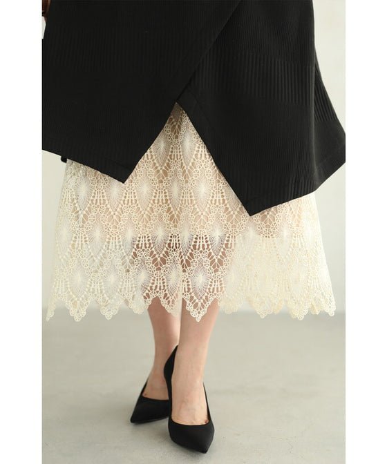 【新品タグ付き】S~L対応 アンティークな装飾レースのミディアムスカート