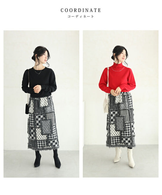 【セール商品返品交換不可】ふわふわフリンジの柄合わせパッチワークミディアムスカート