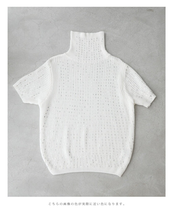 【セール商品返品交換不可】（S~L対応）ビジューの雫が煌めくタートルニットプルオーバートップス