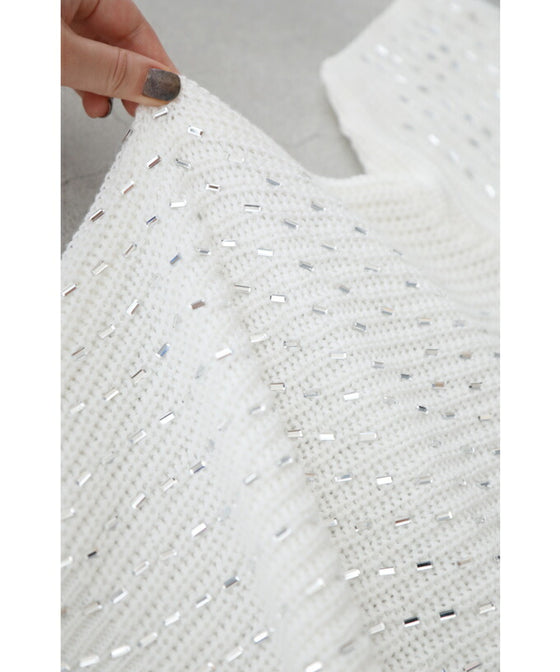 【セール商品返品交換不可】（S~L対応）ビジューの雫が煌めくタートルニットプルオーバートップス