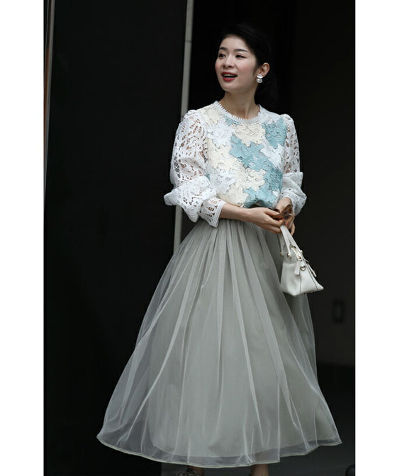 【セール商品返品交換不可】（S~M対応）美しいカットワークのアラベスクレースプルオーバートップス