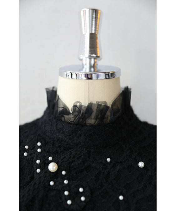 【セール商品返品交換不可】裏起毛で暖かい。パール艶めくチュールネックプルオーバートップス