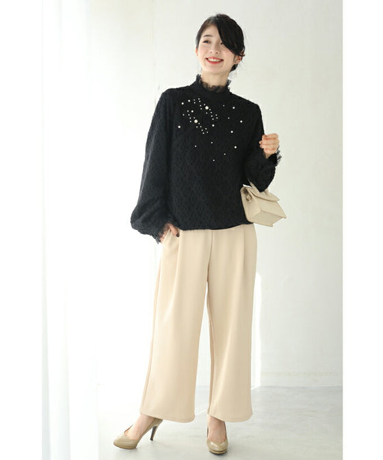 【セール商品返品交換不可】裏起毛で暖かい。パール艶めくチュールネックプルオーバートップス