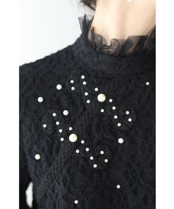 【セール商品返品交換不可】裏起毛で暖かい。パール艶めくチュールネックプルオーバートップス